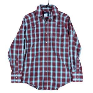 Wrangler Mens Shirt Blue Maroon Plaid Pearl Snap Long Sleeve Western Medium